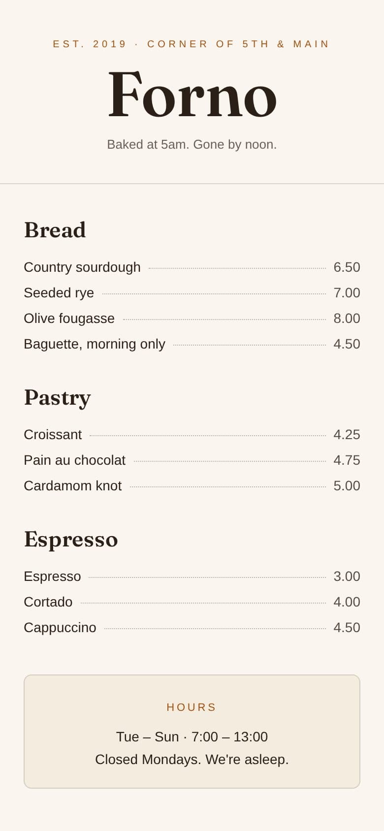 Forno, our demo storefront, rendered inside the app WebView shell