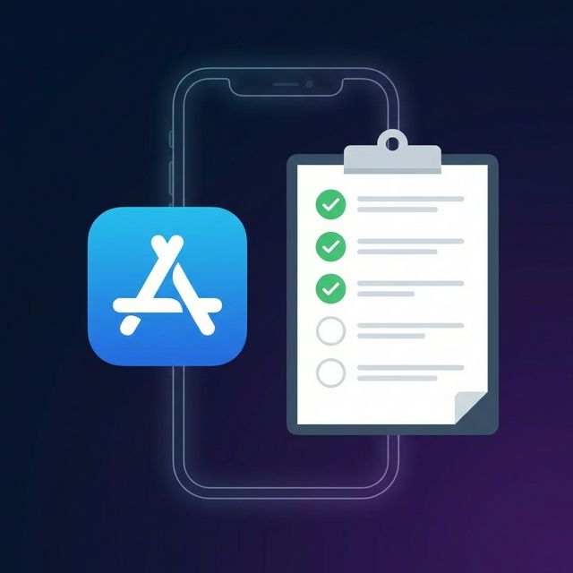 Apple App Store icon with submission checklist and iPhone outline