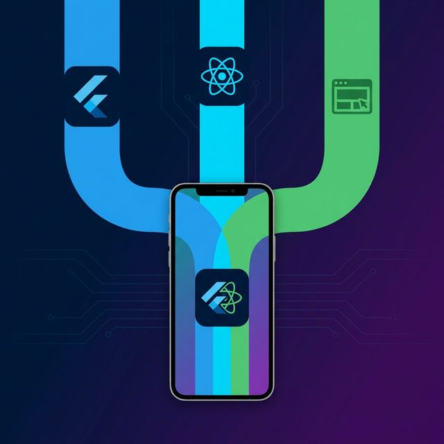 Flutter, React Native, and WebView wrapper paths merging into a smartphone