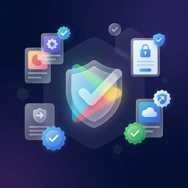 Google Play Store app approval process with verification badges and security shields