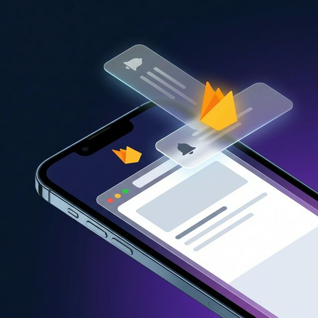 Smartphone with push notification cards and Firebase logo floating above a WebView