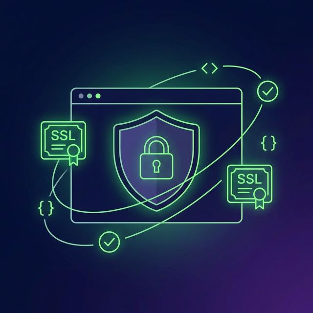Security shield with lock icon inside a browser frame with SSL certificates and code brackets